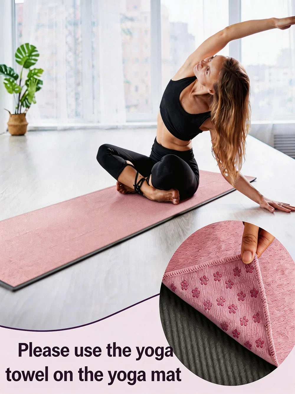 DOVA non-slip Pilates and yoga mat towel, available in Gray, Purple, Pink, and Blue
